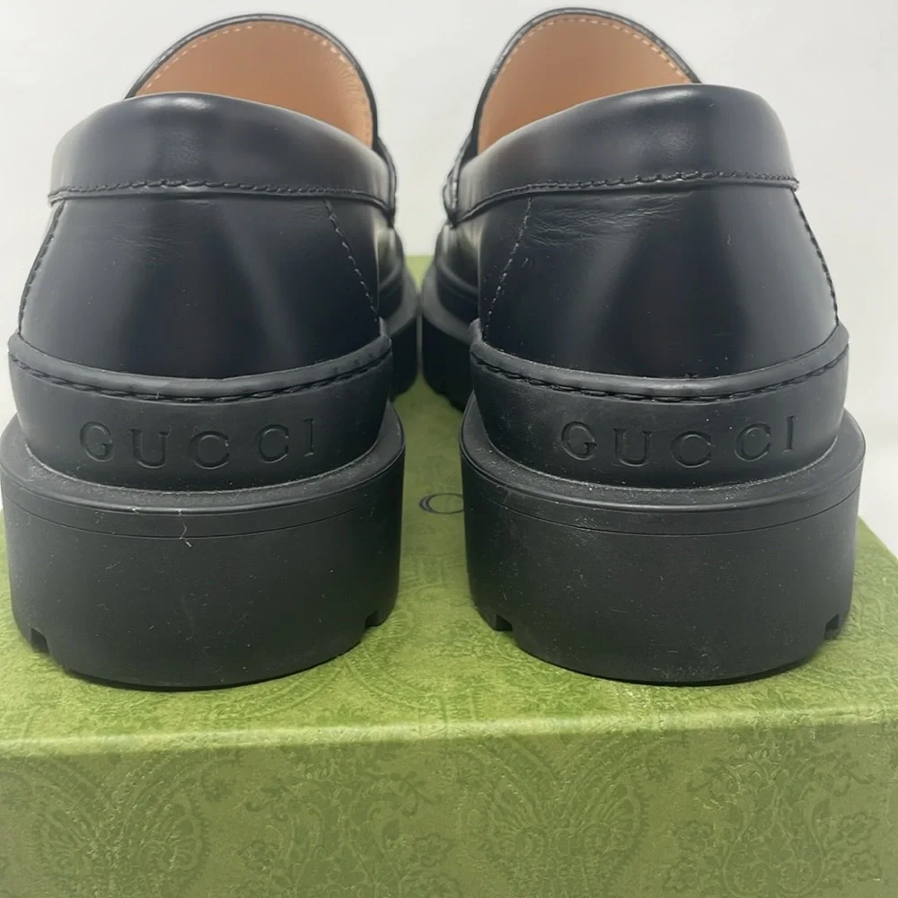 Gucci Sherlin Moccasin Millennial Ribot Black Gold Logo Leather Loafers Size 40